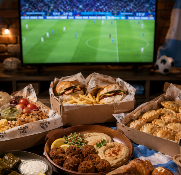 Amigos viendo un partido del Mundial 2026 en casa mientras comparten una picada y distintas comidas